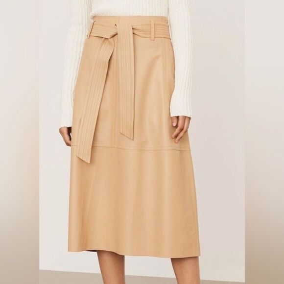 Vince Lambskin Leather Midi Tan Caramel Skirt Stitched Belt Size 0 - Picture 6 of 11